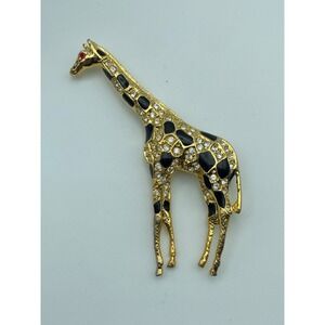 Vintage Gold Tone Giraffe Brooch with Black Enamel & Rhinestones 3in Tall Animal
